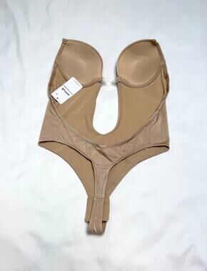 NWT Peachy Nude Backless U Plunge Bodysuit Shapewear Bra Size Small Beige